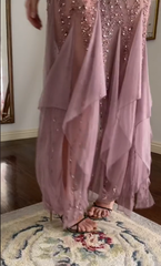 Modest Mermaid V Neckline Pink Chiffon Ruffles Long Party Dress Prom Dresses P2336