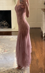 Modest Mermaid V Neckline Pink Chiffon Ruffles Long Party Dress Prom Dresses P2336