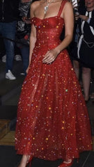 Pretty A Line Straps Red Ankle Length Evening Dress Tulle Prom Dresses P2337