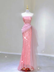 Modest Mermaid Strapless Pink Tulle Ruffles Long Party Dress Prom Dresses P2338