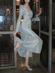 Classy Mermaid Square Neckline Long Sleeves Slit Prom Dresses Evening Gowns P2344