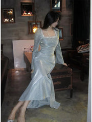 Classy Mermaid Square Neckline Long Sleeves Slit Prom Dresses Evening Gowns P2344