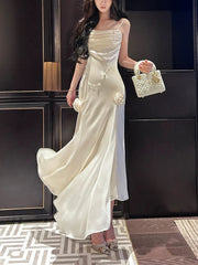 Pretty Mermaid Spaghetti Straps White Satin Prom Dresses Long Evening Gowns P2346