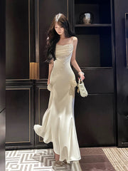 Pretty Mermaid Spaghetti Straps White Satin Prom Dresses Long Evening Gowns P2346