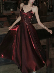 Pretty A Line Spaghetti Straps Burgundy Satin Prom Dresses Evening Gowns Birthday Dress P2347