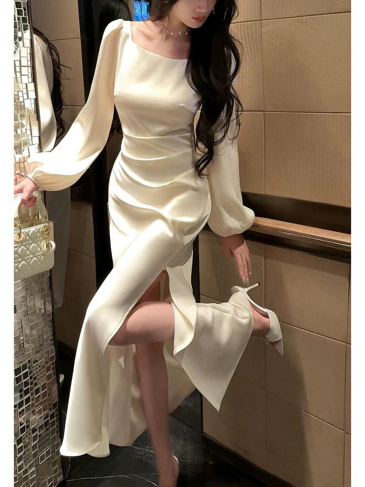 Classy Mermaid Square Neckline Long Sleeves Slit Prom Dresses Evening Gowns P2348