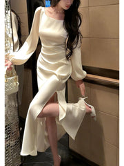 Classy Mermaid Square Neckline Long Sleeves Slit Prom Dresses Evening Gowns P2348