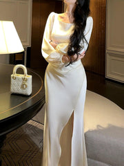 Classy Mermaid Square Neckline Long Sleeves Slit Prom Dresses Evening Gowns P2348