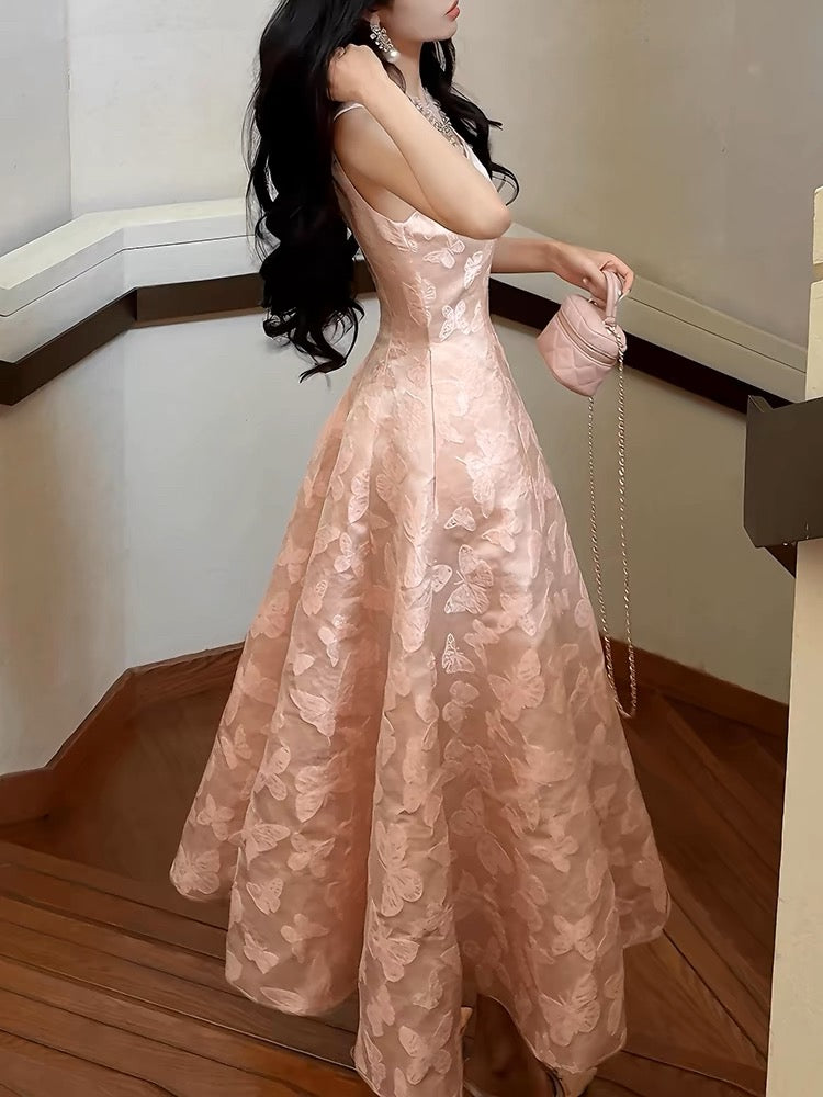 Pretty A Line Spaghetti Straps Pink Lace Satin Prom Dresses Evening Gowns P2350