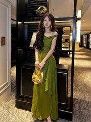 Pretty A line Off The Shoulder Satin Green Long Prom Dresses Satin Evening Gowns P2351