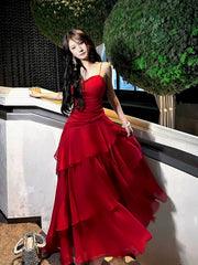 Pretty Sheath Spaghetti Straps Red Long Length Chiffon Prom Dresses Evening Gowns Birthday Dress P2353