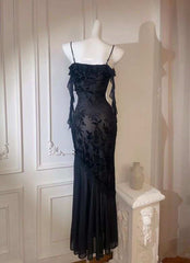 Chic Sheath Spaghetti Straps Black Evening Dress Long Prom Dresses P2359