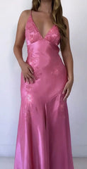 Chic Mermaid Spaghetti Straps Pink Satin Evening Dress Long Prom Dresses P2360