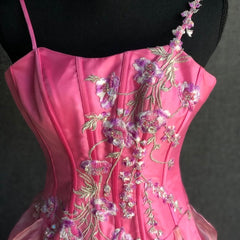 Chic Ball Gown Spaghetti Straps Pink Satin Evening Dress Long Prom Dresses With Embroidered P2361