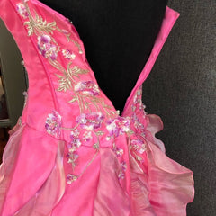 Chic Ball Gown Spaghetti Straps Pink Satin Evening Dress Long Prom Dresses With Embroidered P2361