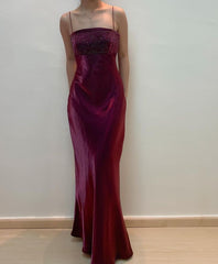 Chic Sheath Spaghetti Straps Burgundy Satin Evening Dress Long Prom Dresses With Beads P2362