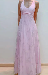 Chic A line V Neckline Pink Chiffon Evening Dress Long Prom Dresses P2363