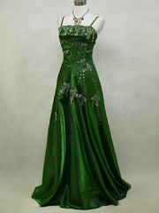 Chic A line Spaghetti Straps Green Satin Evening Dress Long Prom Dresses P2365