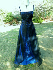 Chic A Line Spaghetti  Straps Navy Blue Tulle Evening Dress Long Prom Dresses P2370