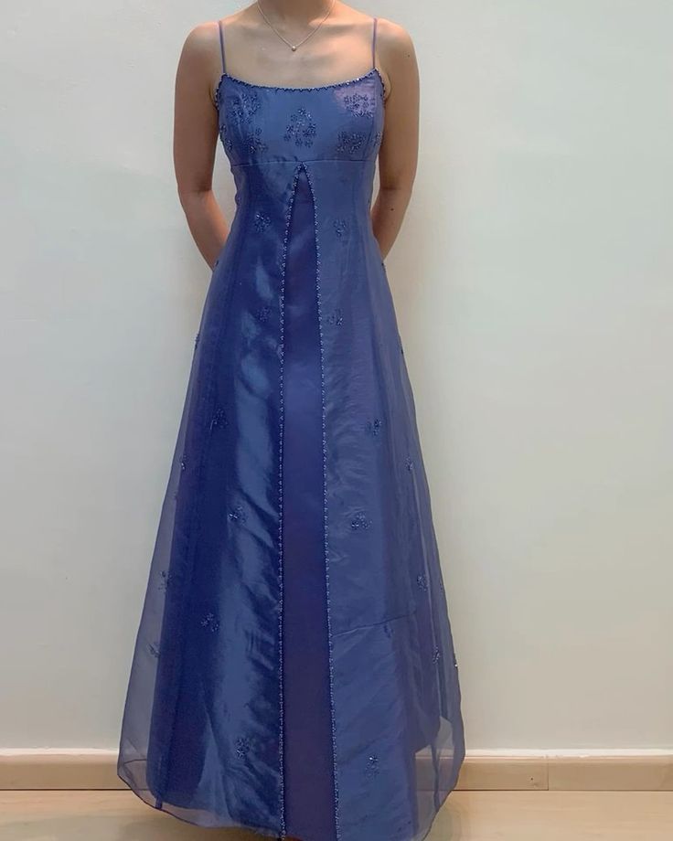 Pretty A Line Spaghetti Straps Blue Floor Length Evening Dress Chiffon Prom Dresses P2379