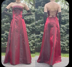 Pretty A Line Strapless Red Floor Length Evening Dress Tulle Prom Dresses P2380