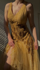 Chic A Line V Neckline Yellow Tulle Long Evening Dress Prom Dresses P2384