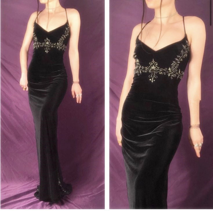 Pretty Mermaid Spaghetti Straps Black Floor Length Evening Dress Velvet Prom Dresses P2385