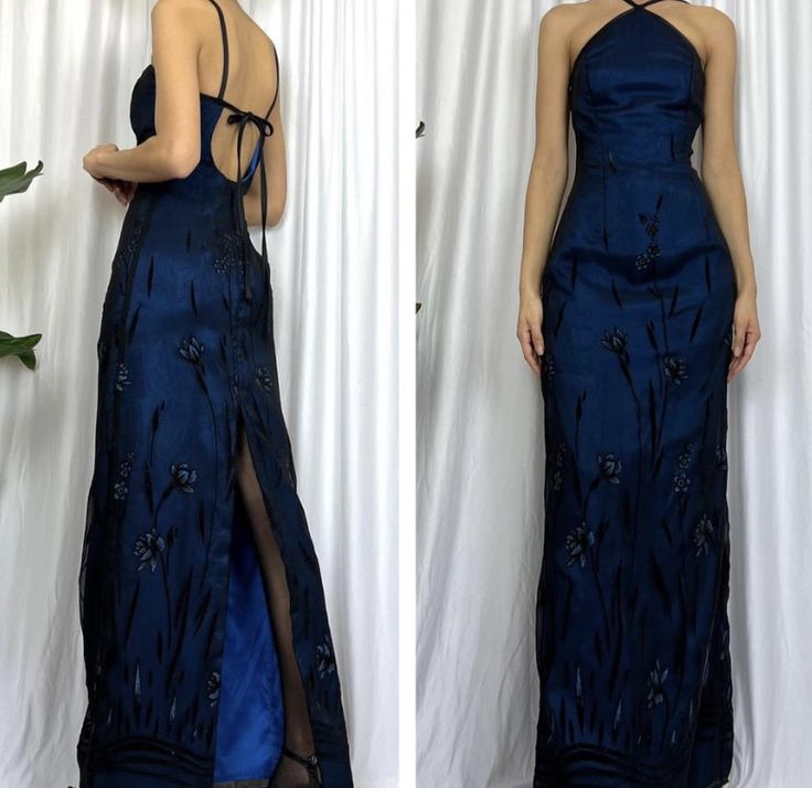 Pretty A line Halter Navy Blue Floor Length Evening Dress Tulle Prom Dresses With Embroidered P2387