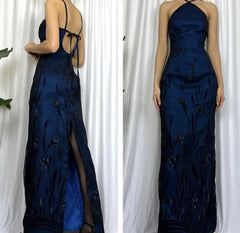 Pretty A line Halter Navy Blue Floor Length Evening Dress Tulle Prom Dresses With Embroidered P2387