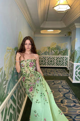 Pretty Sheath Strapless Green Floor Length Evening Dress Organza Prom Dresses With Embroidered P2388