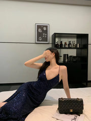 Sexy Sheath Spaghetti Straps Navy Blue Sequin Floor Length Evening Dress Sequin Prom Dresses P2393