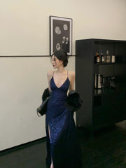 Sexy Sheath Spaghetti Straps Navy Blue Sequin Floor Length Evening Dress Sequin Prom Dresses P2393