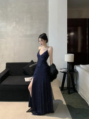 Sexy Sheath Spaghetti Straps Navy Blue Sequin Floor Length Evening Dress Sequin Prom Dresses P2393