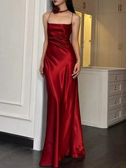 Sexy A Line Spaghetti Straps Red Floor Length Backless Prom Dresses P2394