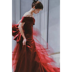 Sexy Mermaid Off The Shoulder Burgundy Tulle Floor Length Floral Prom Dresses P2396