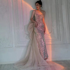 Sexy Mermaid Square Neckline Sequin Floor Length Floral Prom Dresses P2397