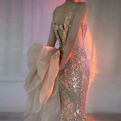 Sexy Mermaid Square Neckline Sequin Floor Length Floral Prom Dresses P2397