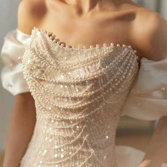 Sexy Mermaid Off The Shoulder Cap Sleeves Sequin Floor Length Pearls Prom Dresses P2398