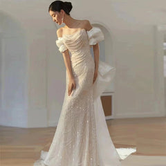 Sexy Mermaid Off The Shoulder Cap Sleeves Sequin Floor Length Pearls Prom Dresses P2398