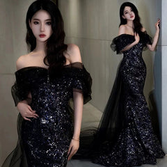 Sexy Mermaid Off The Shoulder Cap Sleeves Sequin Floor Length Black Prom Dresses P2399