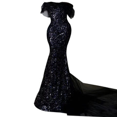 Sexy Mermaid Off The Shoulder Cap Sleeves Sequin Floor Length Black Prom Dresses P2399