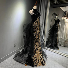 Sexy Mermaid Scoop Neckline Black Sequin Floor Length Prom Dresses P2401