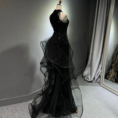 Sexy Mermaid Scoop Neckline Black Sequin Floor Length Prom Dresses P2401