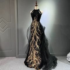 Sexy Mermaid Scoop Neckline Black Sequin Floor Length Prom Dresses P2401