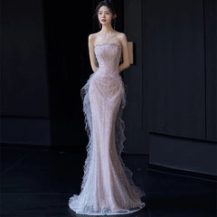 Sexy Mermaid Strapless Neckline Sequin Long Floor Length Pearls Prom Dresses P2403