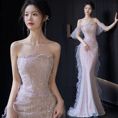 Sexy Mermaid Strapless Neckline Sequin Long Floor Length Pearls Prom Dresses P2403