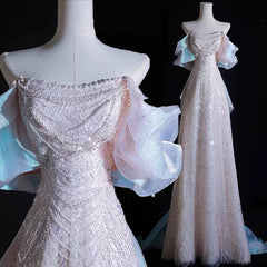 Modest A line Off The Shoulder Pink Sequin Long Floor Length Pearls Prom Dresses P2404