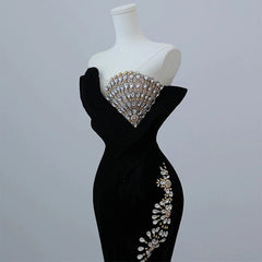 Modest Mermaid Strapless Black Long Floor Length Beads Prom Dresses P2405