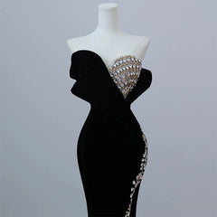 Modest Mermaid Strapless Black Long Floor Length Beads Prom Dresses P2405