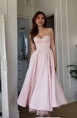 A line Spaghetti Straps Pink Satin Evening Dress Party Dress Prom Dress P2407